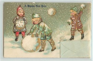Novelty New Year Postcard Children Making & Throwing Snowballs Envelope Note 255