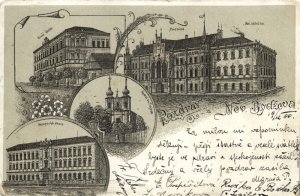 czech, NOVÝ BYDŽOV, Multiview, Church, School, Town Hall (1900) Postcard