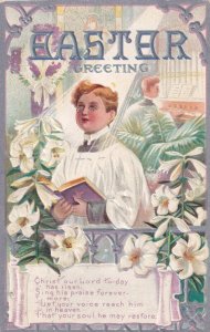 EASTER, PU-1909; Greeting, Altr Boys playing piano & reading Bible, Lily Flowers