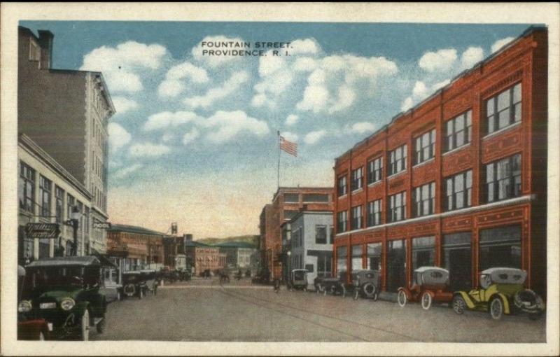 Providence RI Fountain St. Old Cars c1920 Postcard