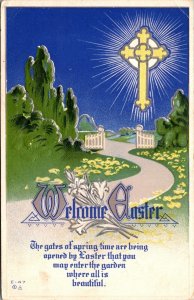Embossed Easter Postcard Cross Over Garden Gates Spring-time~138693