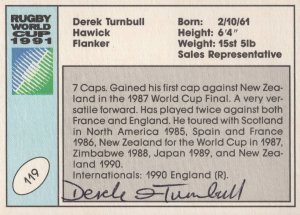 Derek Turnbull Scotland Hand Signed Rugby 1991 World Cup Card Photo