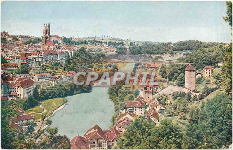 Old Postcard Friborg Sarine and the suspension bridge