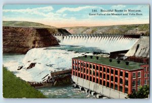 1910 Montana Postcard Beautiful Scene Great Falls Missouri Volta Dam Building