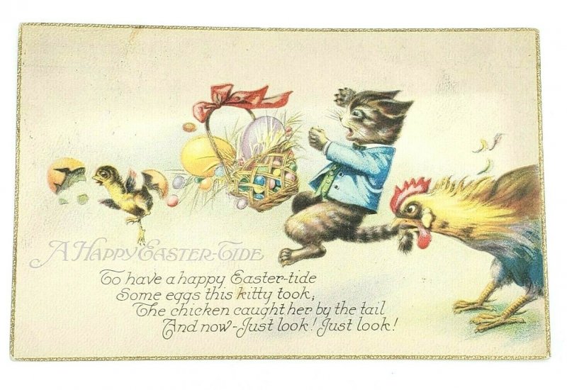 1925 A Happy Easter Tide Kittty Cat Eggs Basket Chicken Postcard Vtg Posted