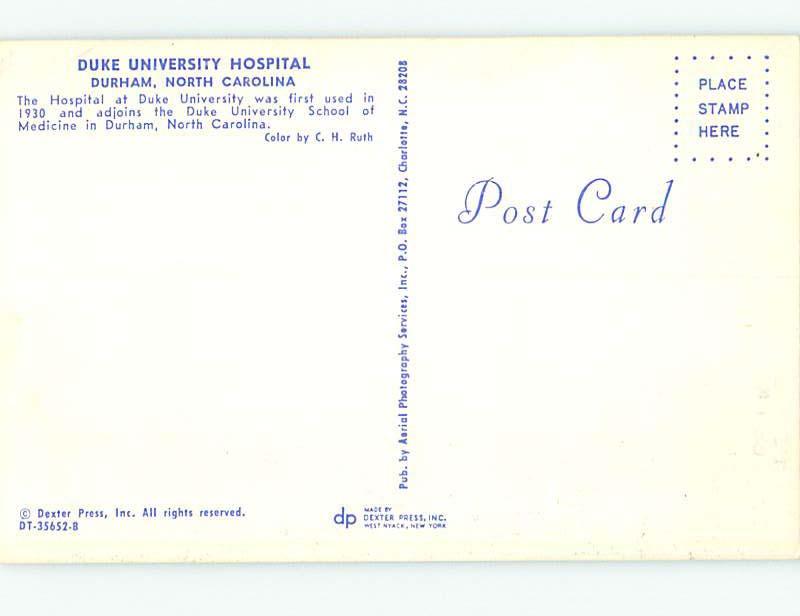 Unused Pre-1980 DUKE UNIVERSITY HOSPITAL Durham North Carolina NC L6773