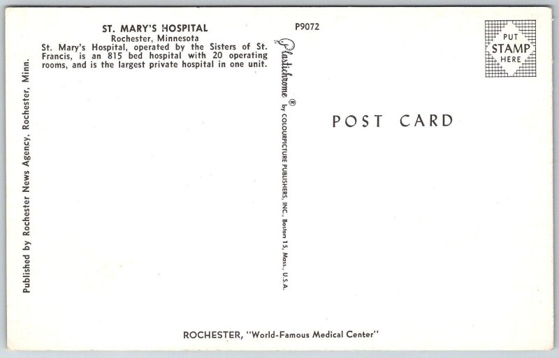 Rochester Minnesota 1950s Postcard Entrance St. Mary's Hospital
