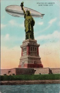 Statue of Liberty New York NY NYC Airship Zeppelin Blimp c1939 Postcard H59