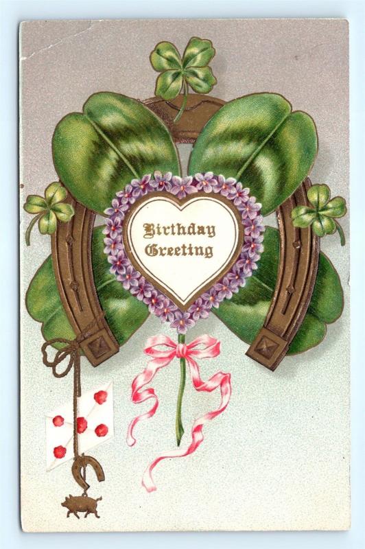 Postcard Birthday Greetings Horseshoe 4 Leaf Clover Pig Charm Pre 1908 K08