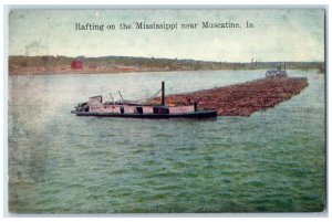 c1910's Rafting On The Mississippi Guiding Logs Near Muscatine Iowa IA Postcard