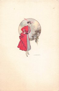 Art Deco by Tito Corbella Glamour Woman in Red Coat Flowers postcard B901
