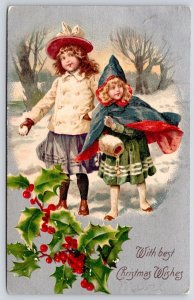 Christmas~Brundage Girls in Silver Border Vignette~Snowballs~Fur Muff~1906
