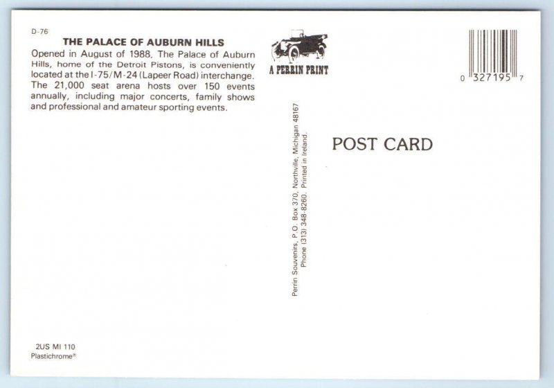 PALACE of AUBURN HILLS, Michigan MI ~ Basketball DETROIT PISTONS  4x6 Postcard