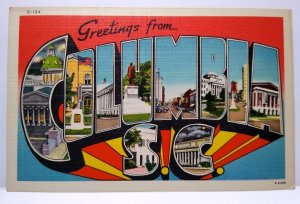 Greetings From Columbia South Carolina Large Big Letter Linen Postcard Unused