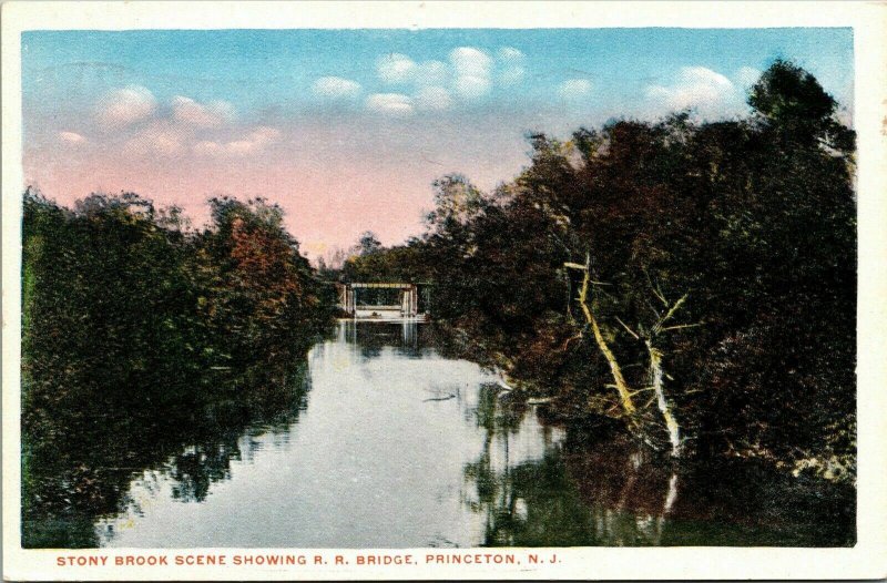 Stony Brook Scene RR Bridge Princeton NJ New Jersey Sunset VTG Postcard WB UNP 