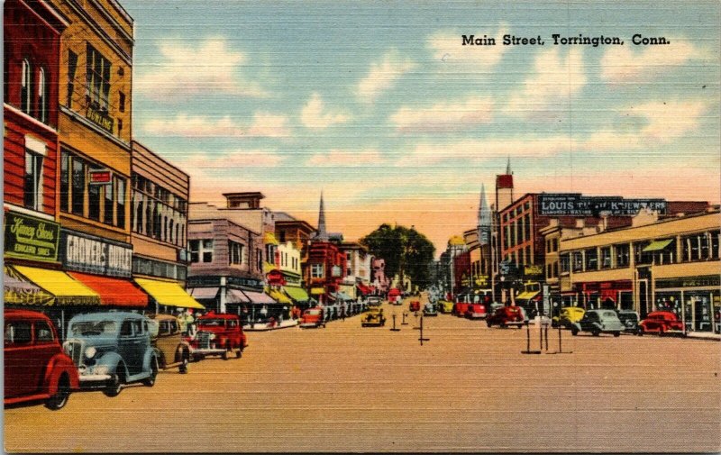 Vtg Torrington Connecticut CT View of Main Street 1930s Unused Linen Postcard 