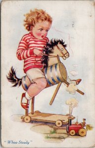 Young Boy Child on Toy Horse Toys Train 'Whoa-Steady' Nina Brisley Postcard G69