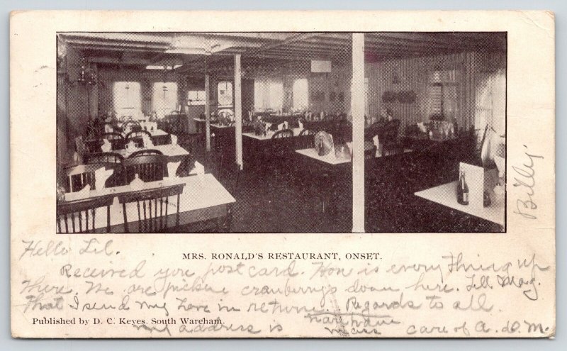 Onset Massachusetts~Mrs Ronald's Restaurant Interior~1907 B&W Postcard