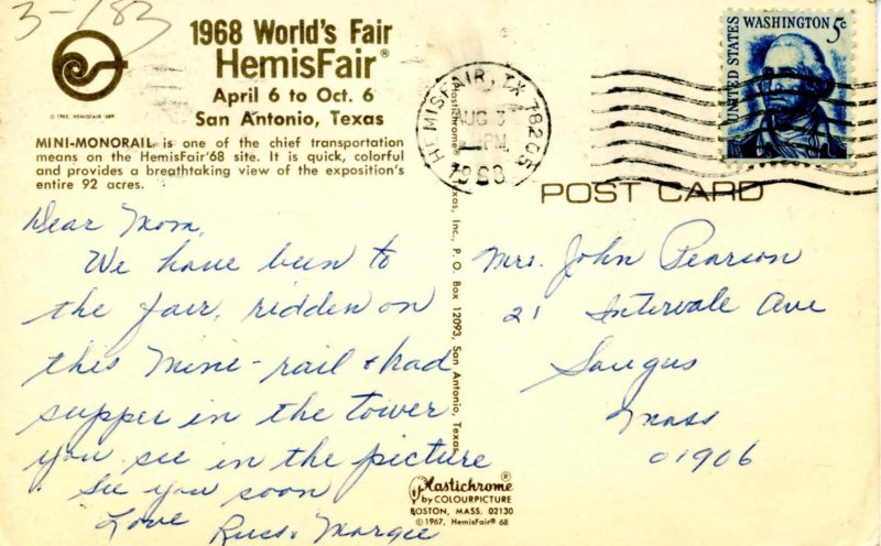 TX - San Antonio. HemisFair '68. Mini-Monorail