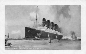 Cunard Line RMS Lusitania and Maureania New York Harbor Vintage Postcard AA70051