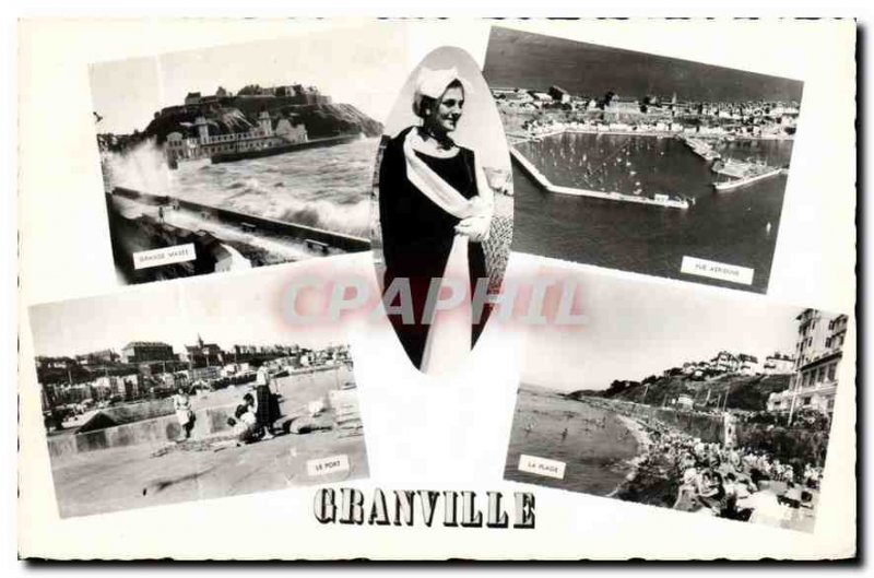 Old Postcard Remembrance Granville High tide the fishing port Aerial view Beach