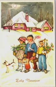Happy New Year Singing Children And Dog Vintage Postcard C165