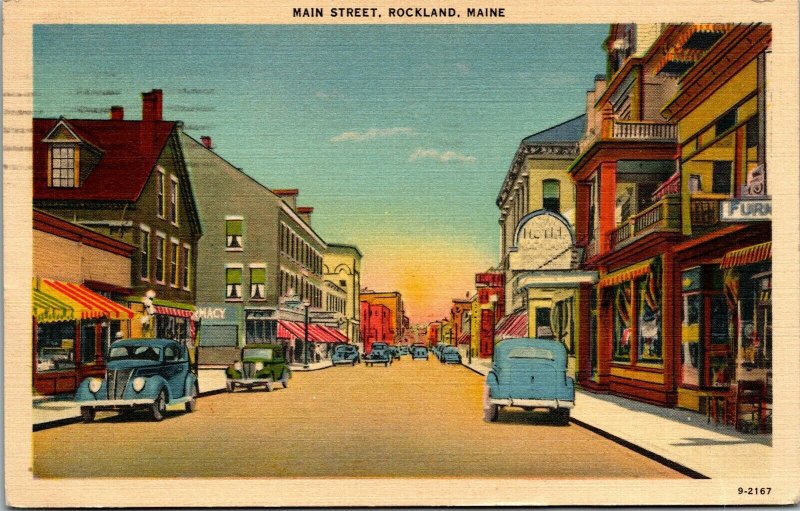 Vtg Rockland Maine ME View of Main Street 1930s Linen Postcard