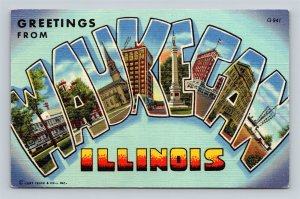 Waukegan IL Illinois Large Letter Curt Teich Art Colortone Postcard