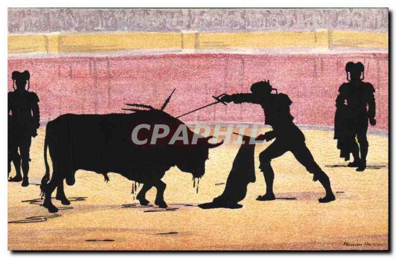 Old Postcard Against the light Bullfight Taurus