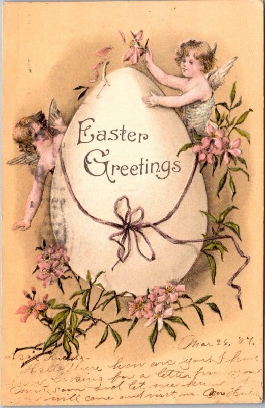 Easter Greetings With Angels and Large Egg 1907