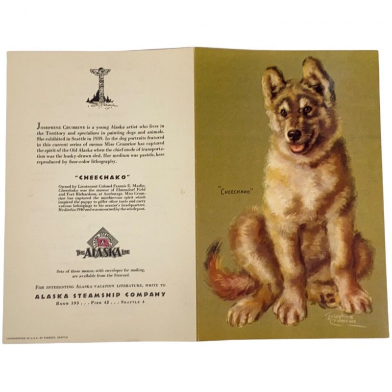 1949 Alaska Steamship Line S.S. Aleutian Breakfast Menu - Husky Puppy Portrait