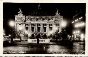 Vtg Paris La Nuit L'Opera The Opera at Night France RPPC Real Photo Postcard