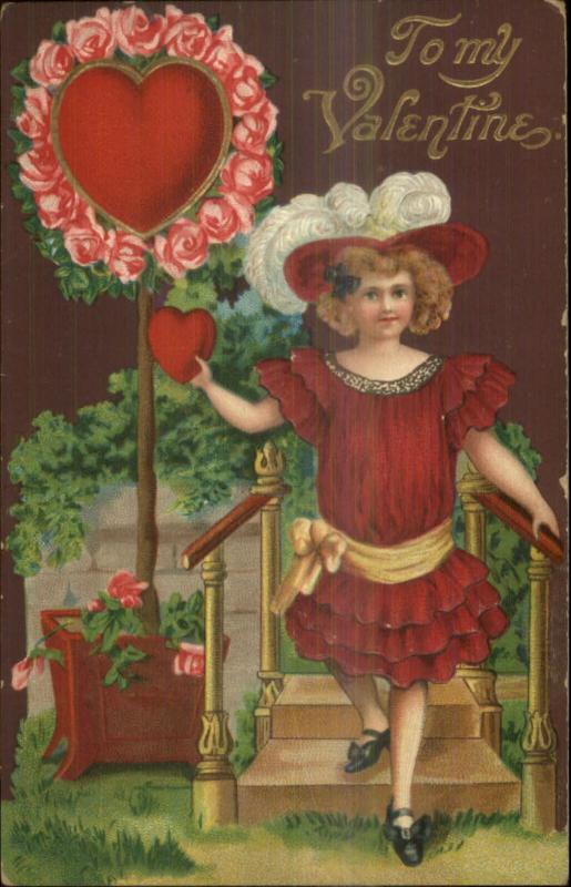 Valentine - Little Girl in Red Dress c1910 Embossed Postcard