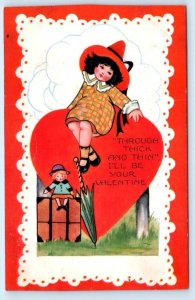 VALENTINE GREETING Embossed THROUGH THICK & THIN c1910s Whitney Postcard