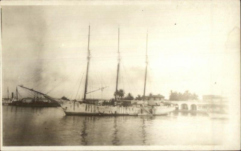 Miami or Cuba? Sailing Ship in Harbor Arched Bridge c1915 Real Photo Postcard