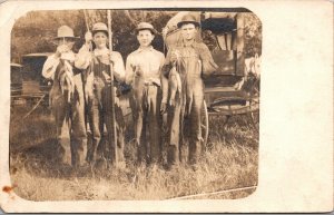 Real Photo Postcard Men Fishing Poles, Fish, Wagon, Man Missing His Arm~2409