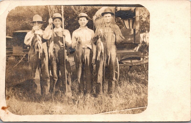 Real Photo Postcard Men Fishing Poles, Fish, Wagon, Man Missing His Arm~2409