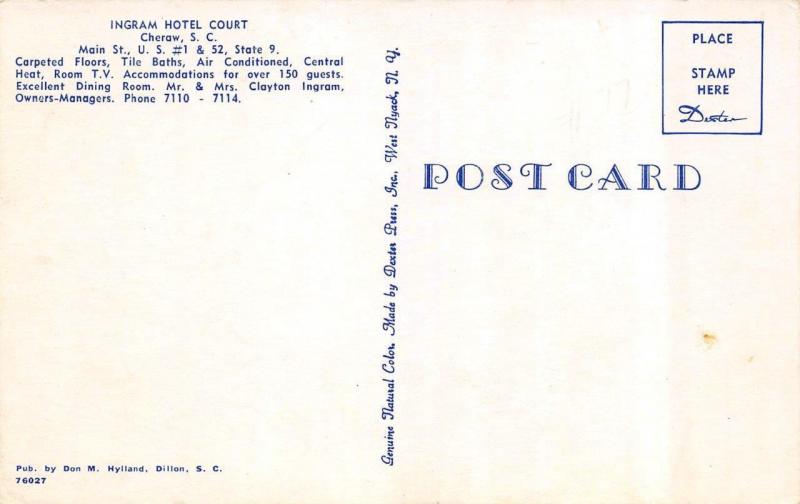 CHERAW, SC  South Carolina      INGRAM HOTEL COURT     Roadside c1950's Postcard