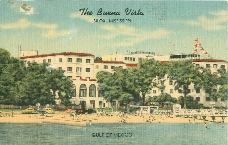 Buena Vista, Biloxi Mississippi MS Old Cars, Swimmers on Beach Linen Postcard