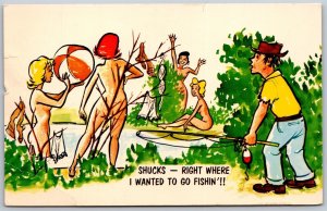 Vtg Comic Aw Shucks Right Where I Wanted To Go Fishin Humor Fishing Postcard