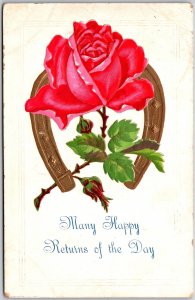 Many Happy Returns Of The Day, Red Rose With Brown Horseshoe, Vintage Postcard