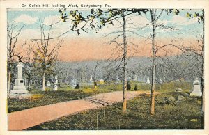GETTYSBURG PA~ON CULPS HILL LOOKING WEST-CIVIL WAR MONUMENTS-1920s POSTCARD