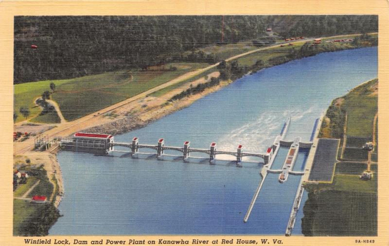 RED HOUSE WEST VIRGINIA WINFIELD LOCK~POWER DAM ON KANAWHA RIVER POSTCARD 1940s