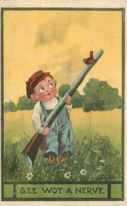 Artist Impression Comic Humor Boy Hunter Rifle Song bird Postcard 20-11997
