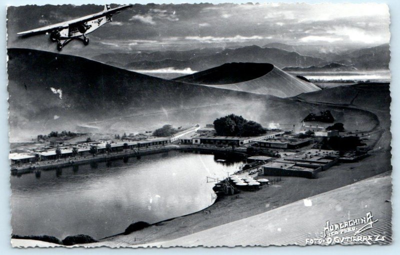 2 RPPC Postcards HUACACHINA, PERU ~ Aerial Views VILLAGE & LAKE Gutierrez c1940s