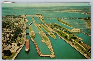 International Bridge, Soo Locks, Sault Ste Marie MI, 1966 Aerial View Postcard