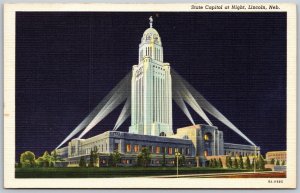 Vtg Lincoln Nebraska NE State Capitol at Night 1930s Linen View Old Postcard