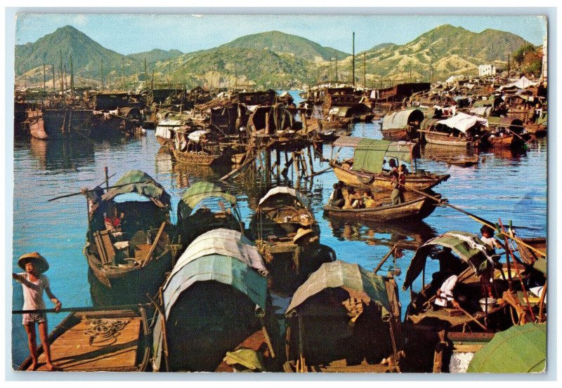 1964 Busy Corner of Shaukiwan Ferry Sampans Passengers Ferry Hong Kong Postcard