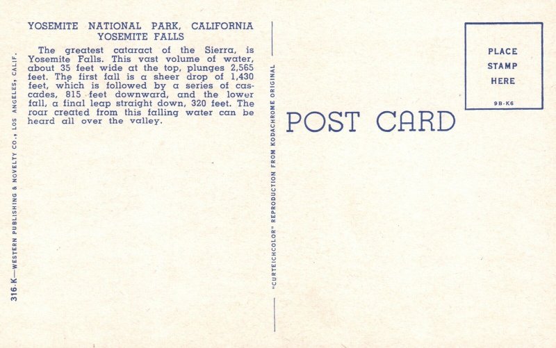 Cataract of Sierra Yosemite Falls National Park California CA Vintage Postcard