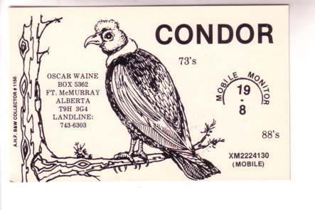 QSL Condor Bird, Oscar Waine, Ft McMurray, Alberta